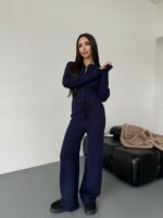 Женский Трикотажный Темно-Синий Костюм Комплект Двойка - Приталенный Кардиган + Свободные Прямые Штаны