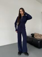 Женский Трикотажный Темно-Синий Костюм Комплект Двойка - Приталенный Кардиган + Свободные Прямые Штаны
