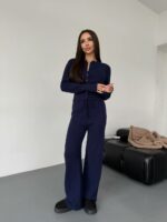 Женский Трикотажный Темно-Синий Костюм Комплект Двойка - Приталенный Кардиган + Свободные Прямые Штаны