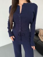 Женский Трикотажный Темно-Синий Костюм Комплект Двойка - Приталенный Кардиган + Свободные Прямые Штаны