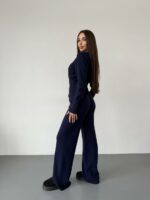 Женский Трикотажный Темно-Синий Костюм Комплект Двойка - Приталенный Кардиган + Свободные Прямые Штаны