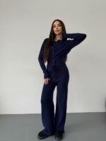 Женский Трикотажный Темно-Синий Костюм Комплект Двойка - Приталенный Кардиган + Свободные Прямые Штаны