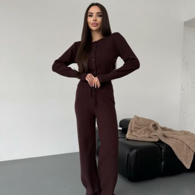 Женский Трикотажный Графитовый Костюм Комплект Двойка - Приталенный Кардиган + Свободные Прямые Штаны