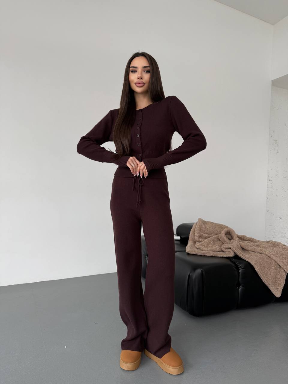 photo_2025-12-06_09-34-22 Женский Трикотажный Графитовый Костюм Комплект Двойка - Приталенный Кардиган + Свободные Прямые Штаны