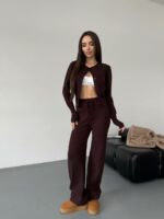 Женский Трикотажный Графитовый Костюм Комплект Двойка - Приталенный Кардиган + Свободные Прямые Штаны