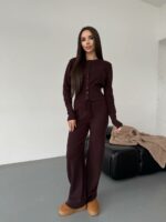 Женский Трикотажный Коричневый Костюм Комплект Двойка - Приталенный Кардиган + Свободные Прямые Штаны