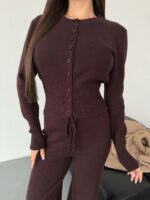 Женский Трикотажный Коричневый Костюм Комплект Двойка - Приталенный Кардиган + Свободные Прямые Штаны