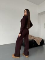 Женский Трикотажный Коричневый Костюм Комплект Двойка - Приталенный Кардиган + Свободные Прямые Штаны