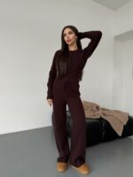 Женский Трикотажный Коричневый Костюм Комплект Двойка - Приталенный Кардиган + Свободные Прямые Штаны