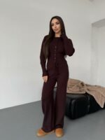 Женский Трикотажный Коричневый Костюм Комплект Двойка - Приталенный Кардиган + Свободные Прямые Штаны