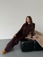 Женский Трикотажный Коричневый Костюм Комплект Двойка - Приталенный Кардиган + Свободные Прямые Штаны