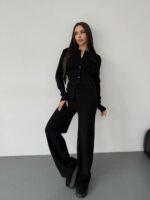 Женский Трикотажный Черный Костюм Комплект Двойка - Приталенный Кардиган + Свободные Прямые Штаны