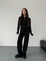 Женский Трикотажный Черный Костюм Комплект Двойка - Приталенный Кардиган + Свободные Прямые Штаны