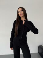 Женский Трикотажный Черный Костюм Комплект Двойка - Приталенный Кардиган + Свободные Прямые Штаны