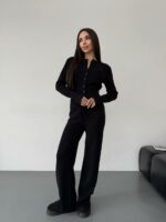 Женский Трикотажный Черный Костюм Комплект Двойка - Приталенный Кардиган + Свободные Прямые Штаны