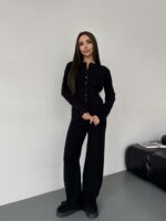 Женский Трикотажный Черный Костюм Комплект Двойка - Приталенный Кардиган + Свободные Прямые Штаны