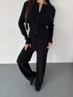Женский Трикотажный Черный Костюм Комплект Двойка - Приталенный Кардиган + Свободные Прямые Штаны