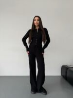 Женский Трикотажный Черный Костюм Комплект Двойка - Приталенный Кардиган + Свободные Прямые Штаны