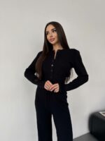Женский Трикотажный Черный Костюм Комплект Двойка - Приталенный Кардиган + Свободные Прямые Штаны