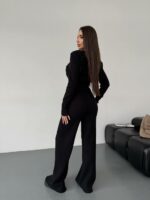 Женский Трикотажный Черный Костюм Комплект Двойка - Приталенный Кардиган + Свободные Прямые Штаны