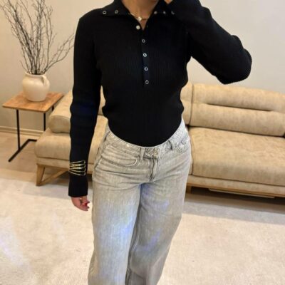 Женская Базовая Черная Кофта в Рубчик с Воротником на Кнопках