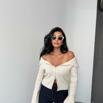 Женская Молочная Кофта в Рубчик на Молнии с Открытыми Плечами