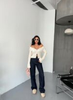 Женская Молочная Кофта в Рубчик на Молнии с Открытыми Плечами