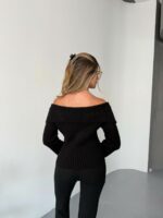 Женская Черная Кофта в Рубчик на Молнии с Открытыми Плечами