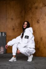 Женский Белый Спортивный Костюм Плащевка с Кантом - Анорак с Капюшоном + Штаны Джоггеры