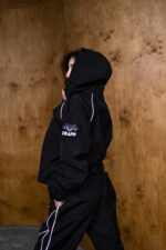 Женский Черный Спортивный Костюм Плащевка с Кантом - Анорак с Капюшоном + Штаны Джоггеры