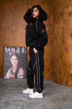 Женский Черный Спортивный Костюм Плащевка с Кантом - Анорак с Капюшоном + Штаны Джоггеры