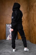 Женский Черный Спортивный Костюм Плащевка с Кантом - Анорак с Капюшоном + Штаны Джоггеры