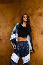 Женский Темно-Синий Спортивный Костюм Плащевка с Белыми Вставками - Олимпийка + Штаны Джоггеры