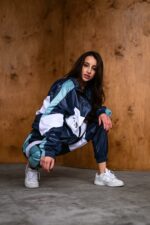 Женский Темно-Синий Спортивный Костюм Плащевка с Белыми Вставками - Олимпийка + Штаны Джоггеры