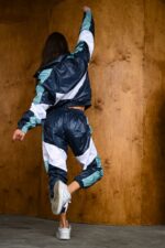 Женский Темно-Синий Спортивный Костюм Плащевка с Белыми Вставками - Олимпийка + Штаны Джоггеры