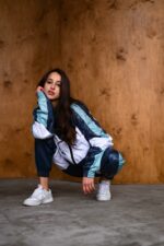 Женский Темно-Синий Спортивный Костюм Плащевка с Белыми Вставками - Олимпийка + Штаны Джоггеры