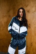 Женский Темно-Синий Спортивный Костюм Плащевка с Белыми Вставками - Олимпийка + Штаны Джоггеры