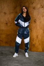 Женский Темно-Синий Спортивный Костюм Плащевка с Белыми Вставками - Олимпийка + Штаны Джоггеры