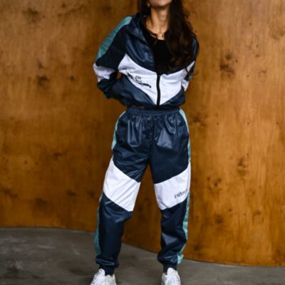 Женский Темно-Синий Спортивный Костюм Плащевка с Белыми Вставками - Олимпийка + Штаны Джоггеры