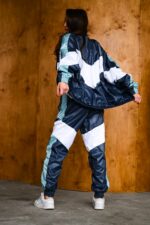 Женский Темно-Синий Спортивный Костюм Плащевка с Белыми Вставками - Олимпийка + Штаны Джоггеры