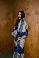 Женский Бежевый Спортивный Костюм Плащевка с Синими Вставками - Олимпийка + Штаны Джоггеры