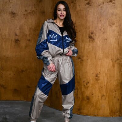 Женский Бежевый Спортивный Костюм Плащевка с Синими Вставками - Олимпийка + Штаны Джоггеры