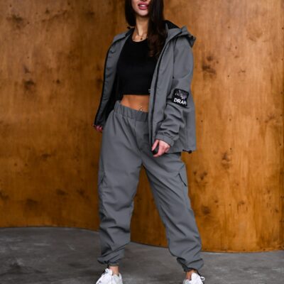 Женский Графитовый Спортивный Костюм Плащевка - Олимпийка + Штаны Карго