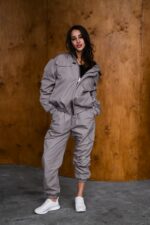 Женский Темно-Серый Спортивный Костюм Плащевка - Олимпийка + Штаны Карго