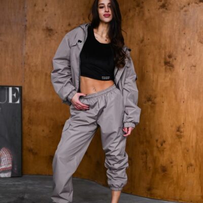 Женский Темно-Серый Спортивный Костюм Плащевка - Олимпийка + Штаны Карго