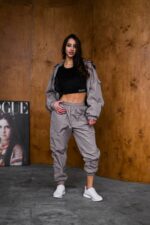 Женский Темно-Серый Спортивный Костюм Плащевка - Олимпийка + Штаны Карго