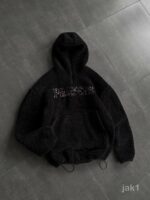 Мужское Теплое Черное Худи Оверсайз с Балаклавой - Плюшевое с Вышивкой