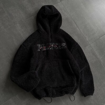 Мужское Теплое Черное Худи Оверсайз с Балаклавой - Плюшевое с Вышивкой