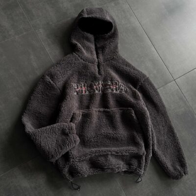 Мужское Теплое Графитовое Худи Оверсайз с Балаклавой - Плюшевое с Вышивкой