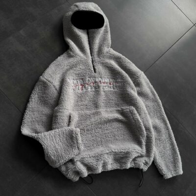 Мужское Теплое Серое Худи Оверсайз с Балаклавой - Плюшевое с Вышивкой